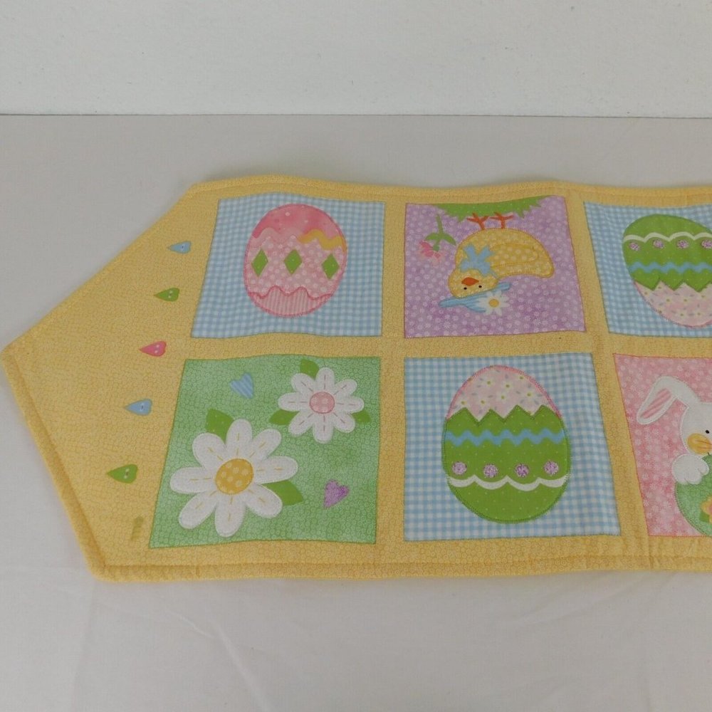 Easter Spring Table Runner Yellow Back Multi-Color Eggs Flowers Chicks Bunny